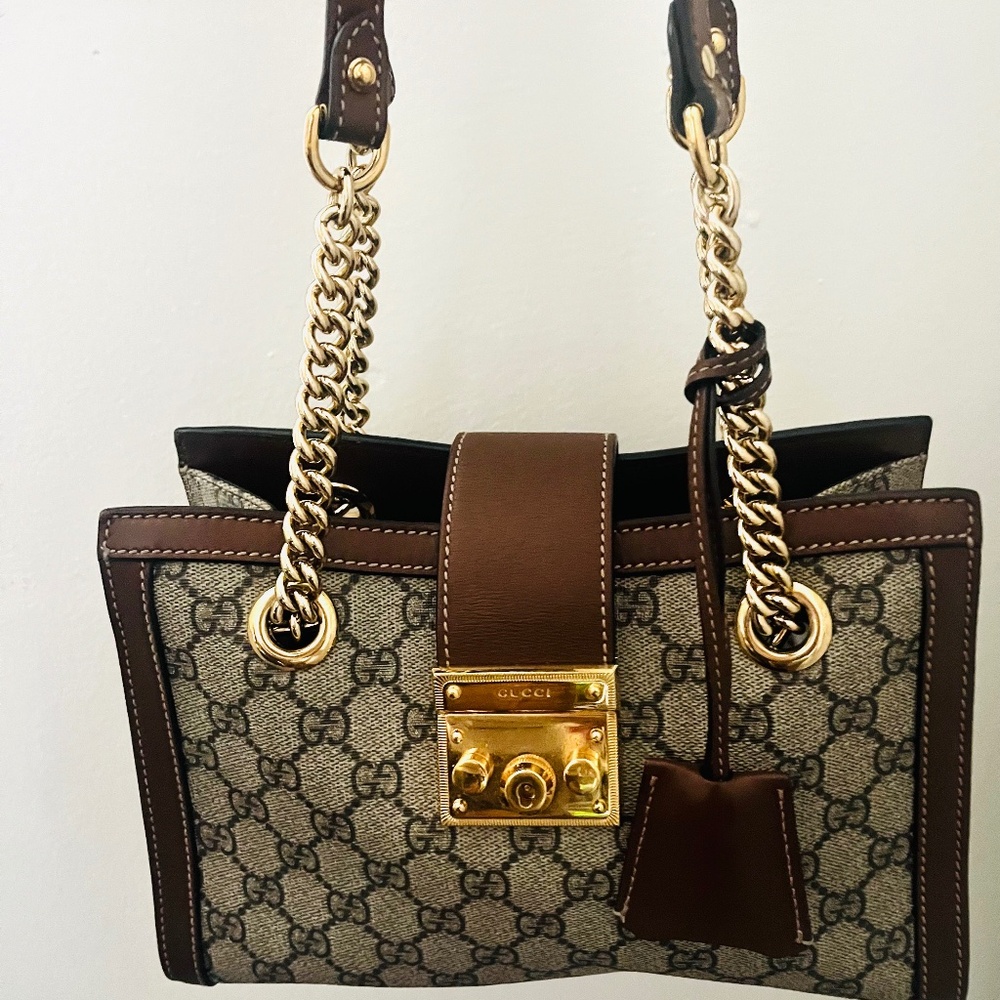 Gucci Brown Original GG Supreme Canvas Padlock Tote Small